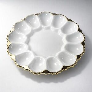 Vintage White Milk Glass Deviled Egg Platter with Gold Trim - 12 eggs| 10”